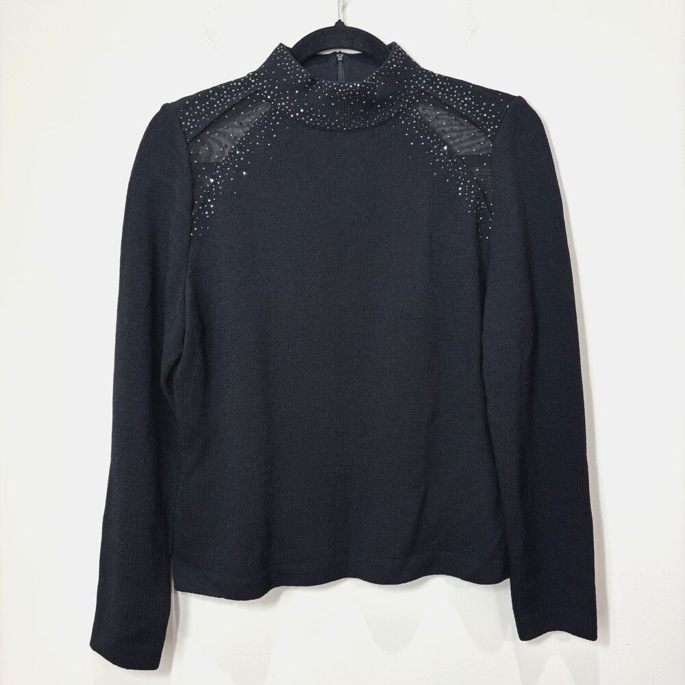 St John Evening Black Santana Knit Sweater Women 10 Sparkle Mock Neck Old Money